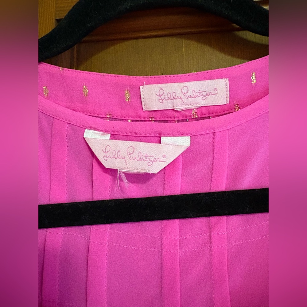 LILLY PULITZER HOT PINK AND METTALLIC GOLD COLBY SILK BLEND BLOUSE TOP L w CAMI - Picture 4 of 11
